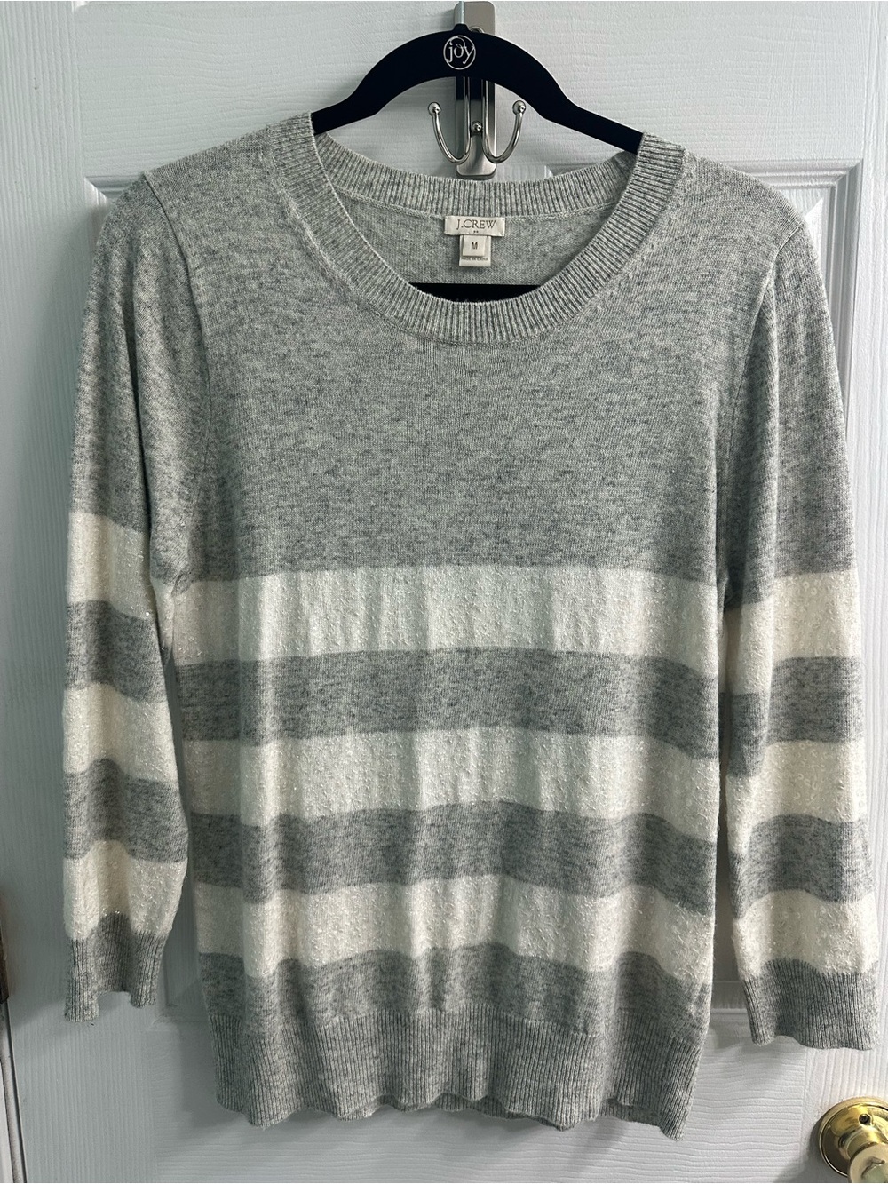 J. Crew Gray and Cream Striped Crewneck Sweater